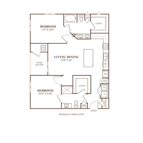 Floor plan for 2 beds, 2 baths, 1137 sqft